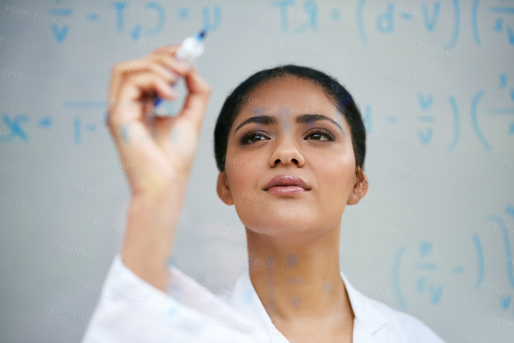 Buy stock photo Hand, equation and science on glass with woman in studio on gray background for writing formula. Experiment, innovation and problem solving with woman scientist in lab for breakthrough research
