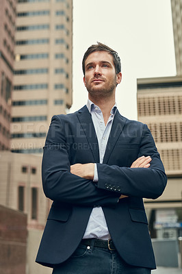 Buy stock photo Thinking, business and man in city, arms crossed and professional in urban town, solution and confidence. Person, New York or employee with problem solving, startup and lawyer with planning or career