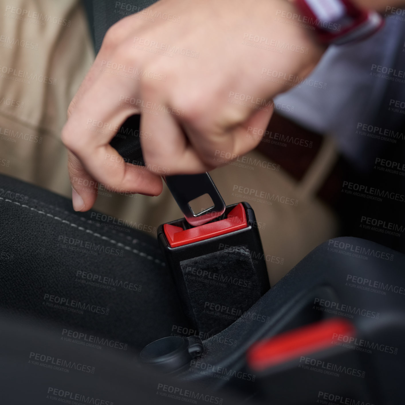 Buy stock photo Car, travel and hands of person with seatbelt in vehicle for commute, journey and road trip. Transport, driving and closeup of driver lock safety belt for security, insurance and protection for law