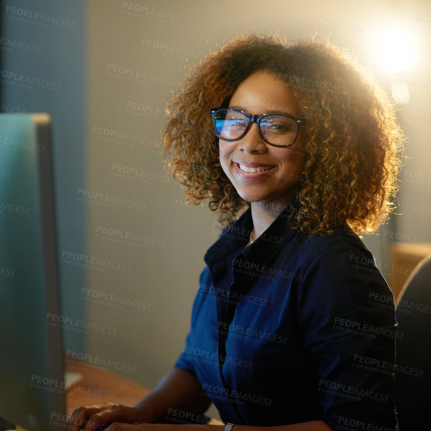 Buy stock photo Night, business portrait and African woman at desk with computer for project deadline, review or report. Late, professional and happy person for overtime, schedule update or admin clerk in office