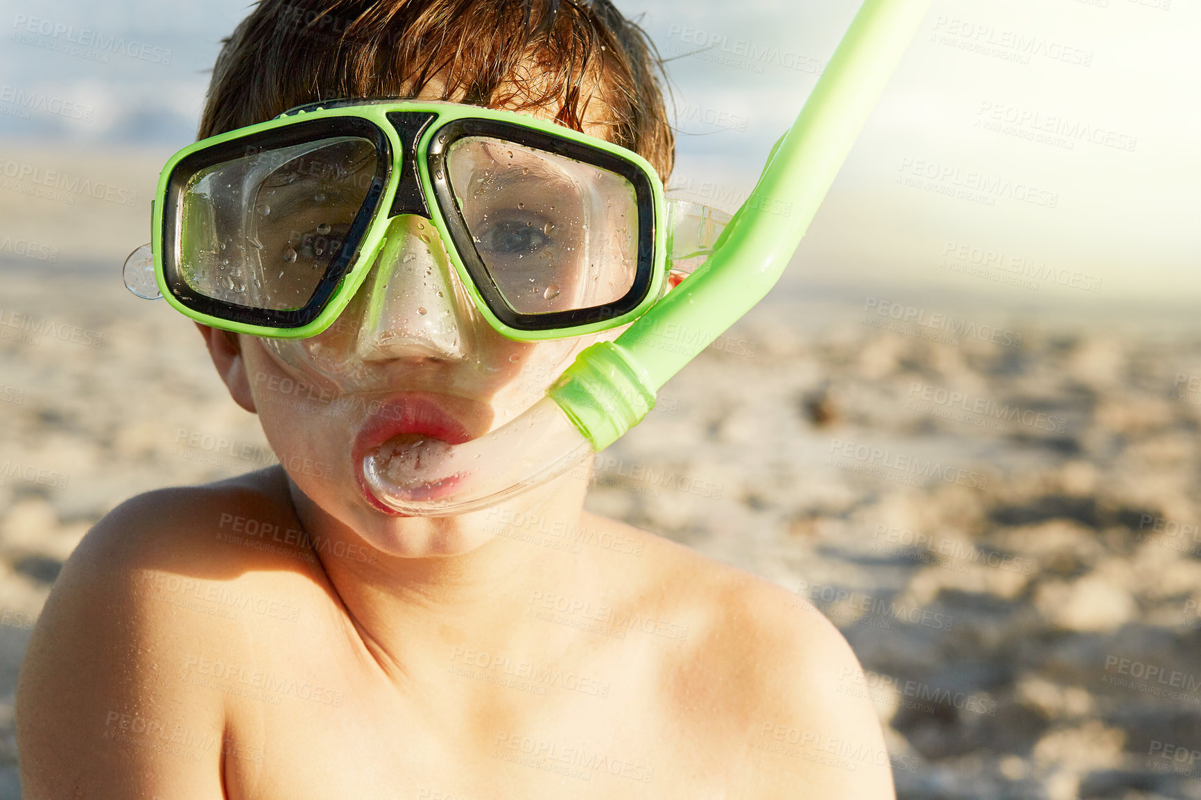Buy stock photo Beach, portrait and boy with snorkel for swimming in ocean on holiday or vacation in summer. Face, kids and sea with adorable young child in mask on sand by water for travel or weekend getaway