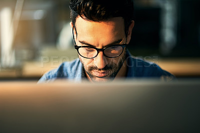 Buy stock photo Reading, web design and business man on computer for internet, research and review in office. Creative consultant, working late and person with glasses on desktop for planning, website and online