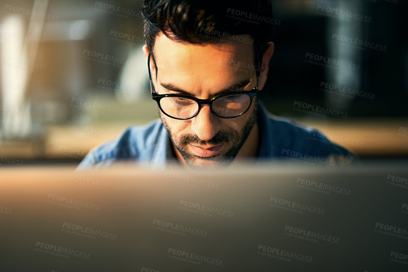 Buy stock photo Reading, web design and business man on computer for internet, research and review in office. Creative consultant, working late and person with glasses on desktop for planning, website and online