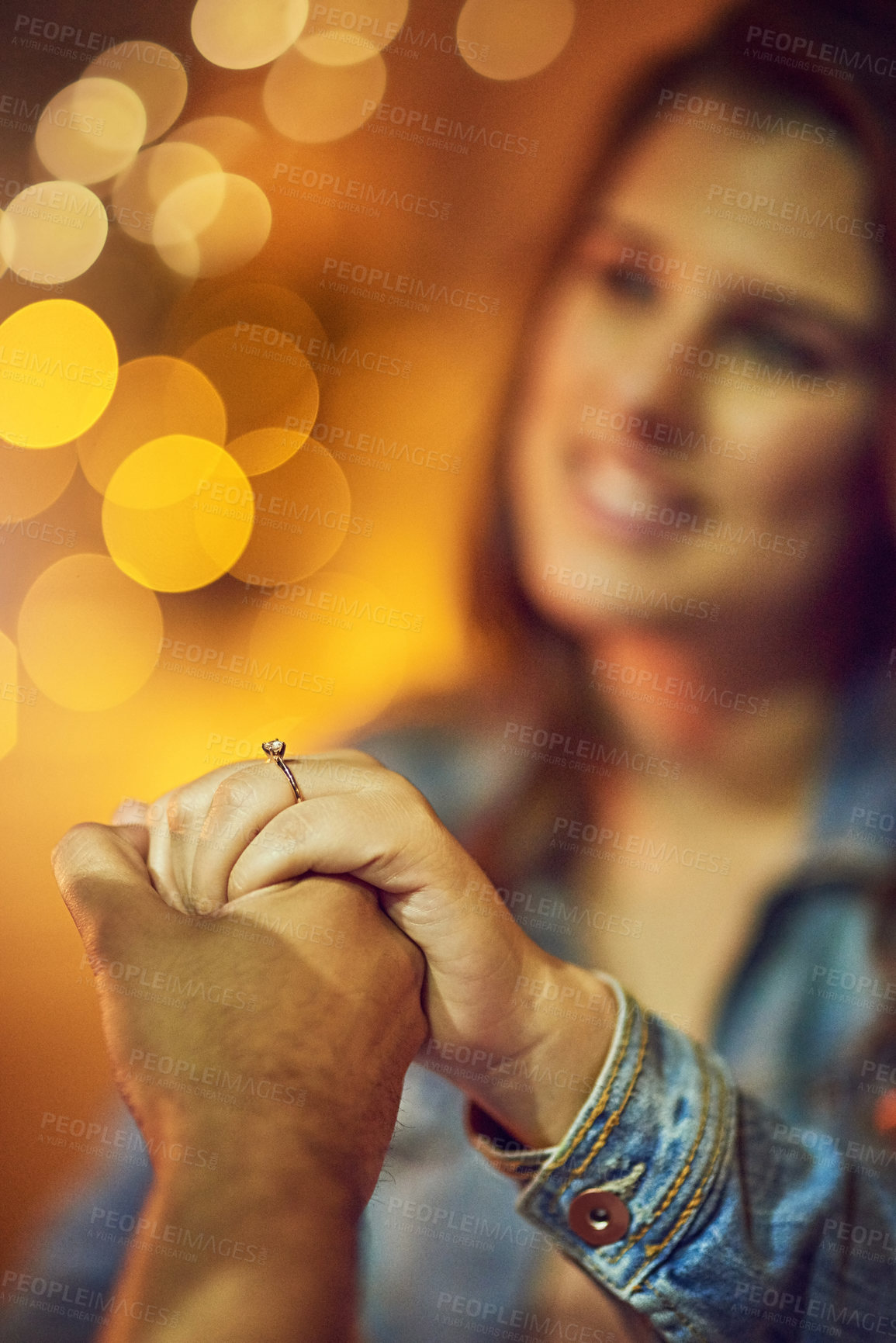 Buy stock photo Hand, night and restaurant for date, engagement and love for romance or celebration. Woman, man and couple for marriage, commitment and proposal for future together with outdoor fine dining ambience