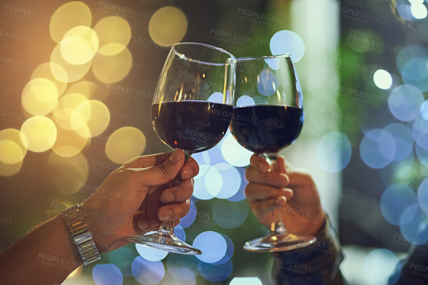 Buy stock photo Hands, night and restaurant for date, wine and love for romance or celebration. Couple, alcohol and drink for marriage, commitment and proposal for future together with outdoor fine dining ambience