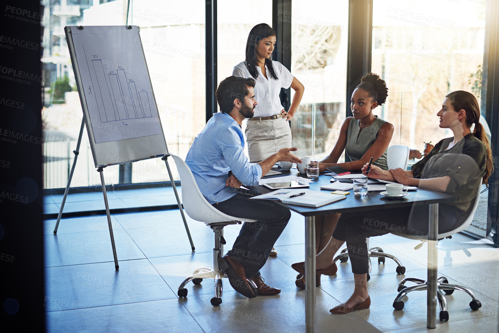 Buy stock photo Business people, audit meeting and conference in office for budget plan and communication. Corporate group, teamwork and company review with discussion about accounting and spending with lens flare