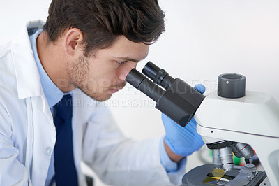 Buy stock photo Scientist, microscope and exam in lab with research for vaccine study, medical test or experiment. Science, man and investigation with biotechnology for dna, development and stem cell innovation