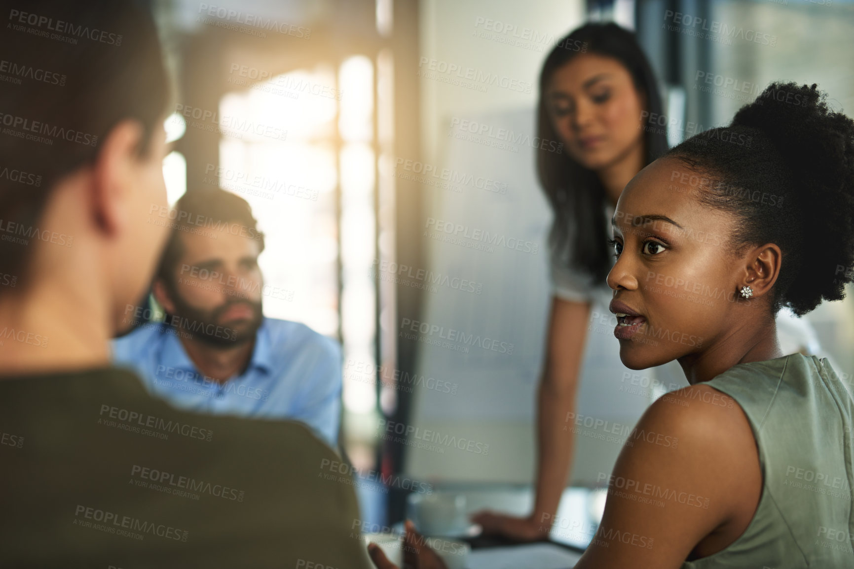 Buy stock photo Boardroom, employee and woman in meeting, talking and group of colleagues, listening and together. Workshop, brainstorming and people in business, journalist and communication in collaboration