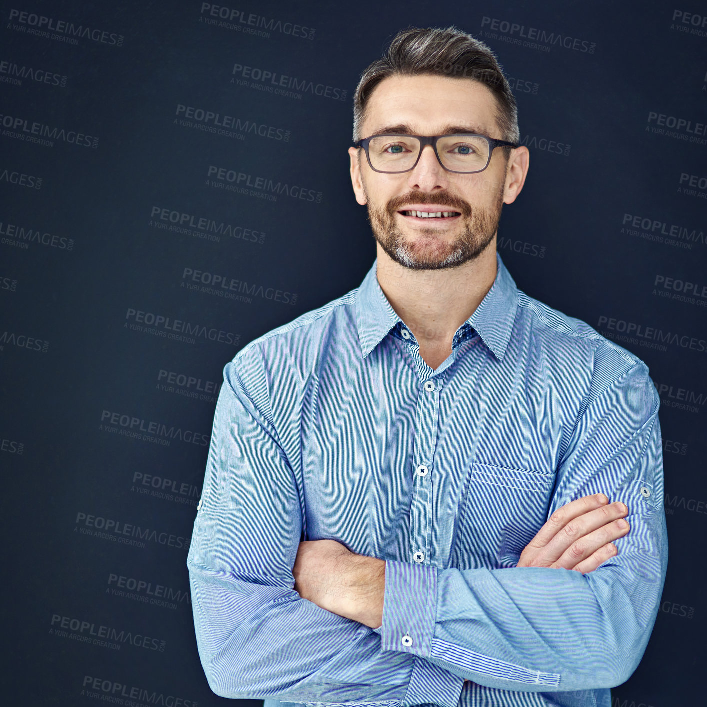 Buy stock photo Portrait, businessman and mockup in dark studio with employee isolated on blue background with smile. Career, entrepreneur and about us in accounting company with glasses for confidence in firm.