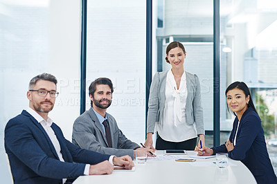 Buy stock photo Portrait of a group of corporate businesspeople meeting in the boardroom