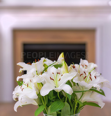 Buy stock photo Closeup of a bouquet of lily flowers in a vase on a table at home. Bunch of white Lilium flowering plants blooming in a jar in the living room. Lilies on display in a vessel in the lounge in a house