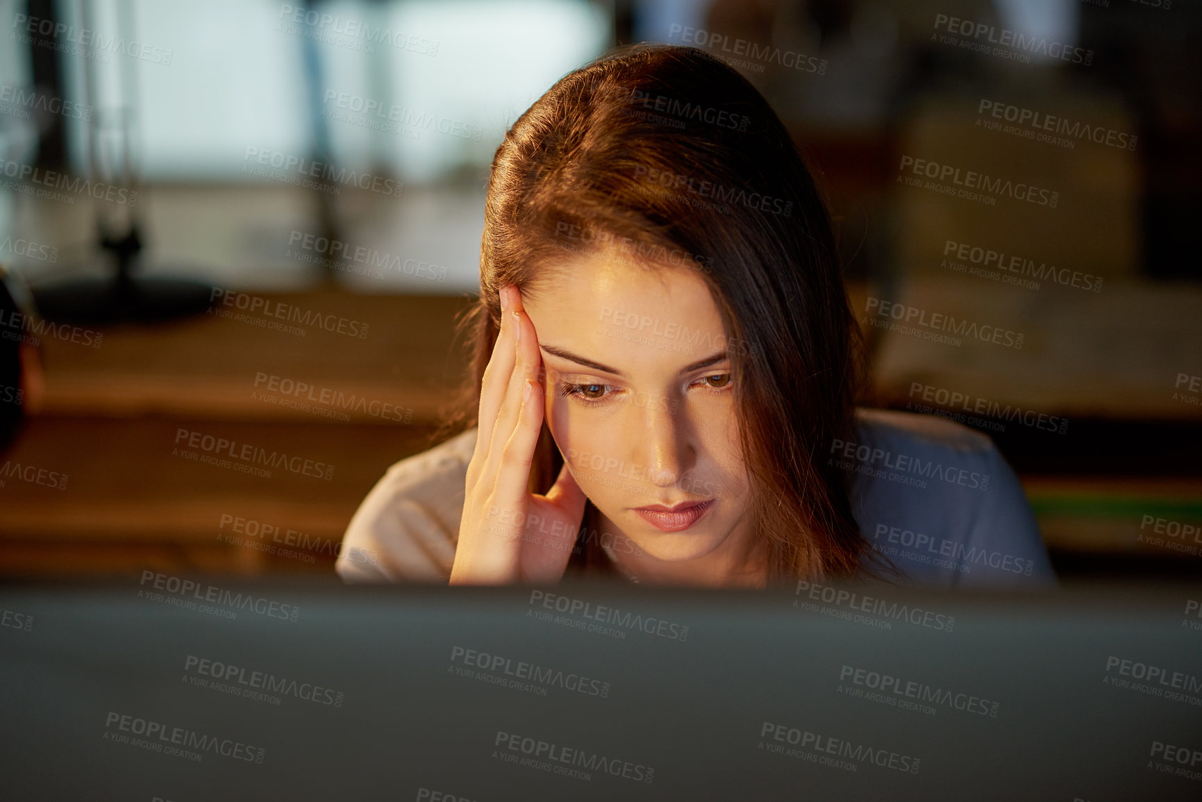 Buy stock photo Business woman, stress and working on laptop with headache, frustration and burnout for late deadline. Mental health, female person or employee with migraine and mental health issue reading tech