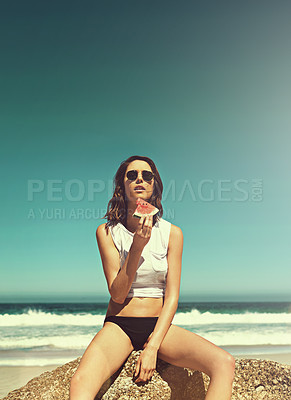 Buy stock photo Watermelon, travel and woman at beach on summer vacation, adventure or holiday with freedom in Mexico. Fruit, sunglasses and female person on rock by ocean and blue sky with mockup on weekend trip.