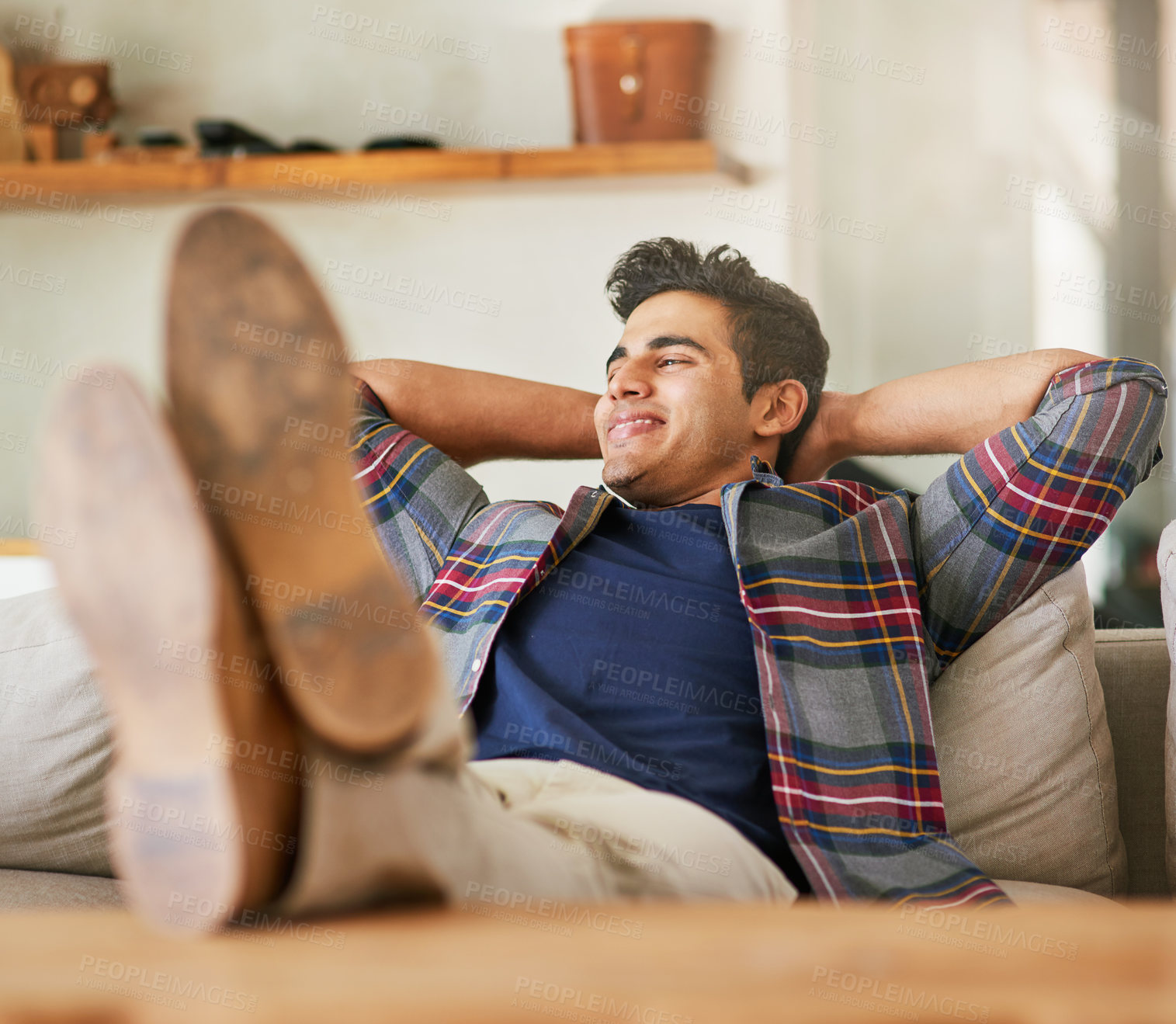 Buy stock photo Relax, smile and thinking with man on sofa in living room of home for weekend or leave day time off. Daydreaming, idea and peace with happy person in apartment for future, planning or vision