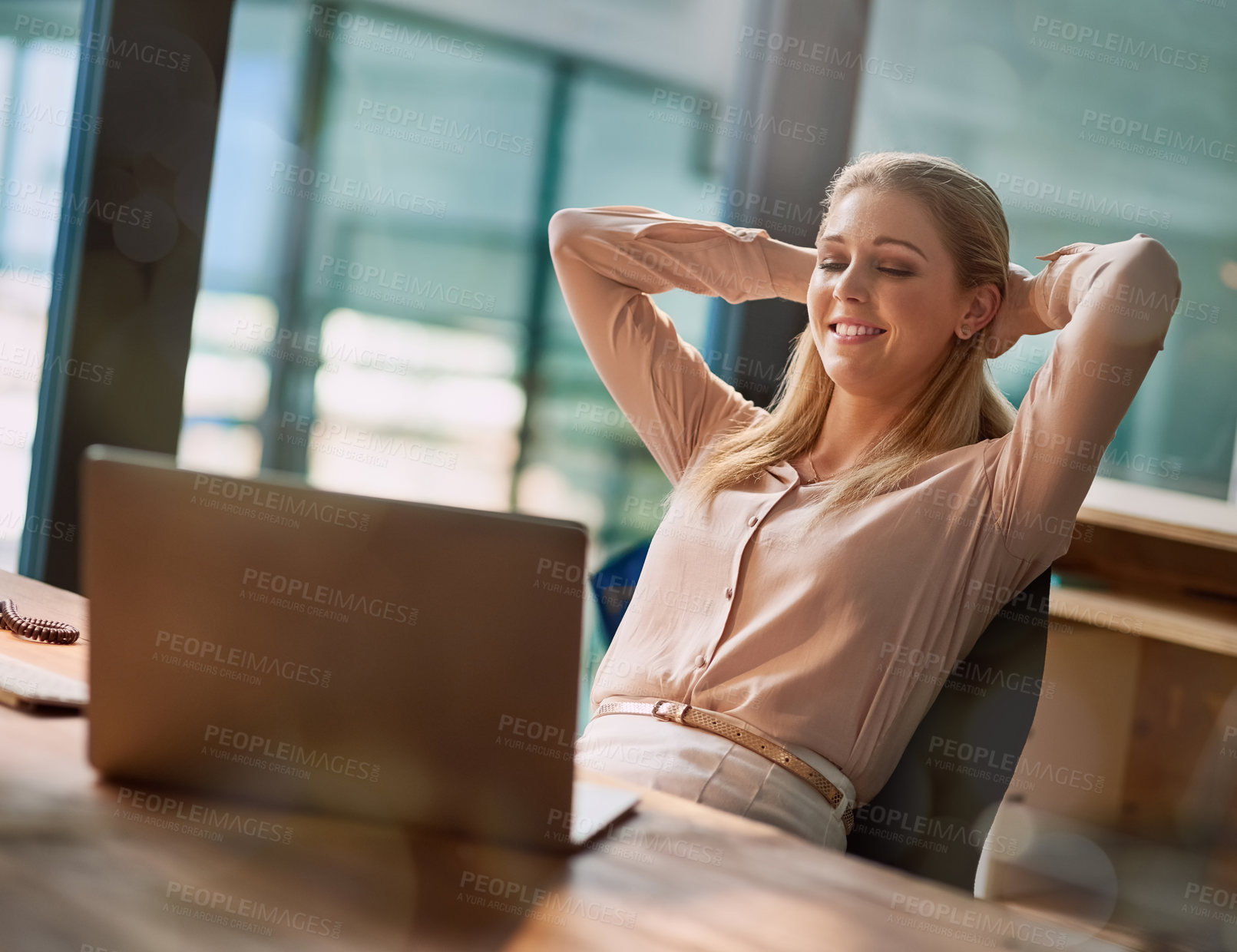 Buy stock photo Business woman, laptop and smile or stretching for financial news, accounting report and proposal. Happy, corporate employee on desk with office computer and achievement for target or relax on break