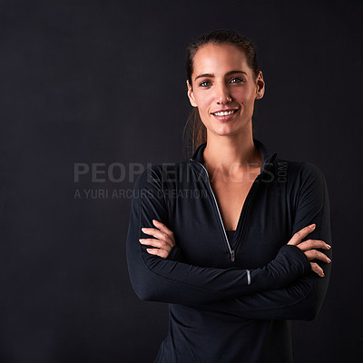 Buy stock photo Woman, smile and crossed arms in studio for fitness, health and workout on black background. Female athlete, portrait and confident for face, wellness or performance training at sport competition