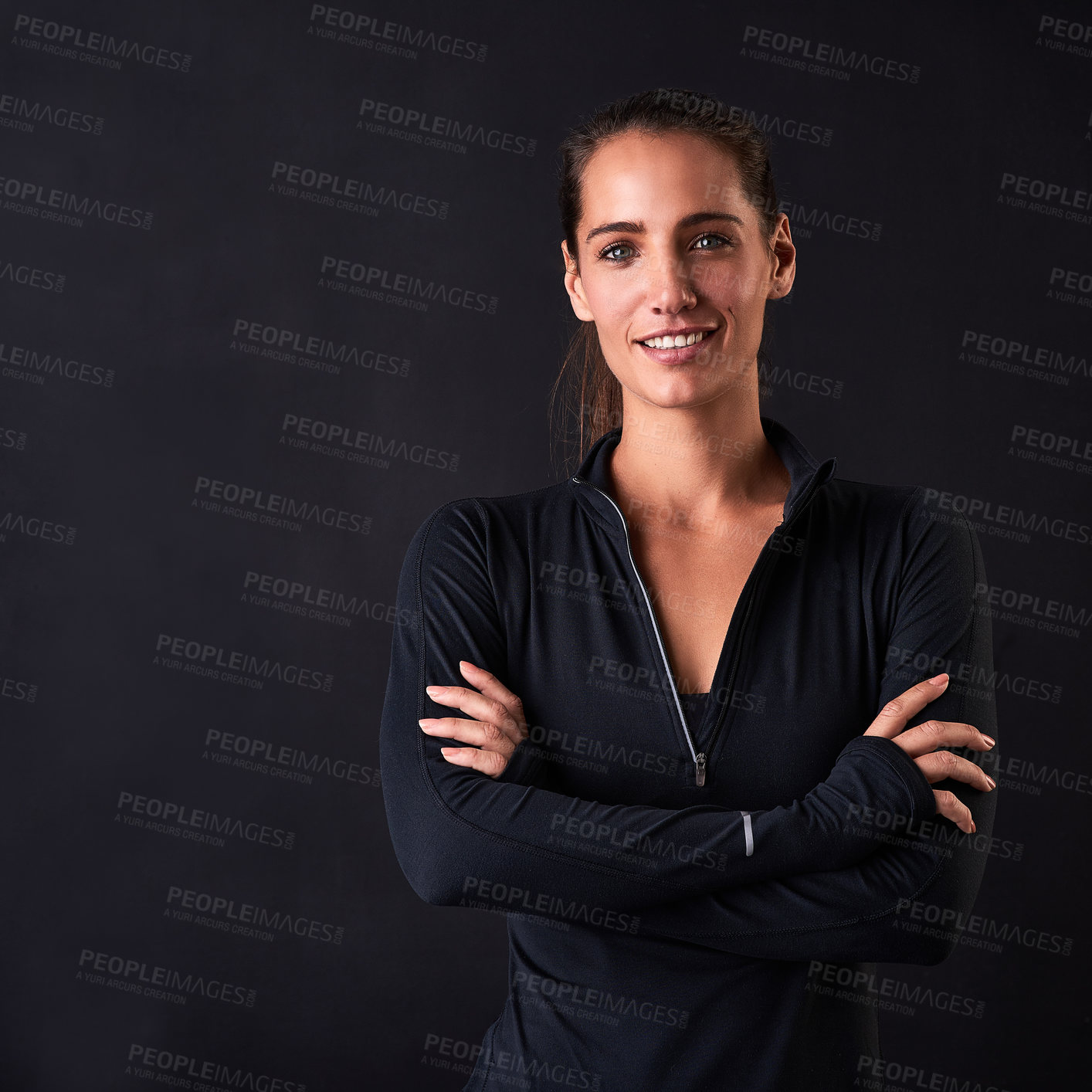 Buy stock photo Woman, smile and crossed arms in studio for fitness, health and workout on black background. Female athlete, portrait and confident for face, wellness or performance training at sport competition