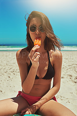 Buy stock photo Ice cream, beach swimsuit and woman portrait on holiday by the sea and blue sky with happiness. Sun, sand and young female person face with eating and lens flare by the ocean in summer on vacation