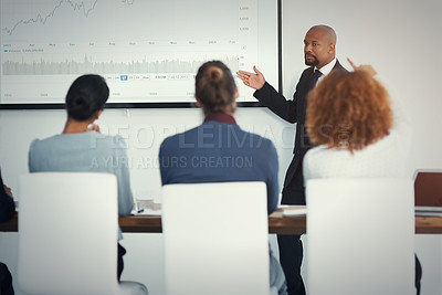 Buy stock photo Speaker, question and people in office for seminar, finance report and pitch for investment opportunity. Man presenter, investor engagement or chart on screen for growth projection with timeline