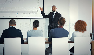 Buy stock photo Question, coworkers in a business meeting and training in a boardroom of their workplace. Data review or strategy, collaboration or teamwork and coworkers in a conference for statistics or planning