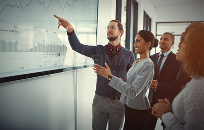 Buy stock photo Business people, finance and man with a presentation, review profit growth and data analysis. Group, presenter or employee with charts for feedback, graphs and explain results for a project and sales