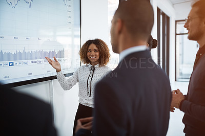 Buy stock photo Presentation, graph and meeting with business people in office for project management, coaching and strategy. Data chart, finance and speaker with woman in workshop for training, seminar and planning