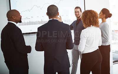 Buy stock photo Business people, staff or man with presentation, graphs for profit growth or discussion for planning. Presenter, group or team with financial charts, investment or conversation for feedback or review