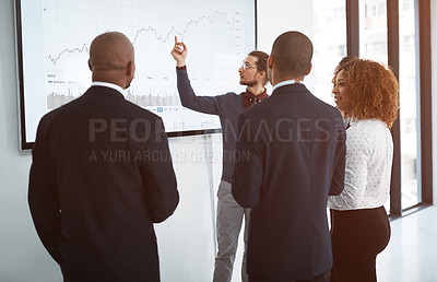 Buy stock photo Business people, finance and man with presentation, screen and feedback for profit growth, discussion and review. Staff, group and team with charts, financial report and negotiation with a presenter