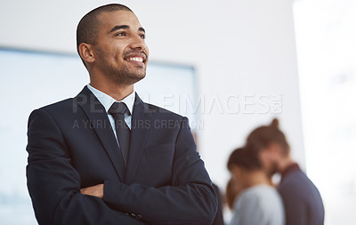 Buy stock photo Thinking, business man and office arms crossed in a corporate board room with professional motivation. Future, executive and African male manager at a workplace with leadership worker and job vision