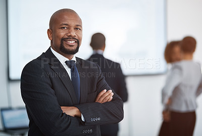 Buy stock photo Smile, business man and arms crossed portrait in a corporate ceo with professional management. Boss success, executive and African male manager at a office workplace with leadership and job vision