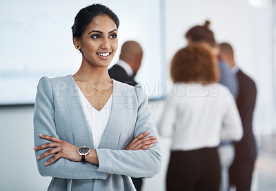 Buy stock photo Business, thinking and woman with smile, arms crossed and confidence with editor. Happy person, copywriting and employee with contemplation, wonder and thoughtful with ideas, solution and decision