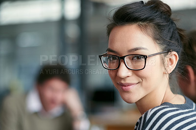 Buy stock photo Space, portrait and a woman in a meeting at work for business, workshop or a seminar. Happy, office and a designer in the workplace for creative collaboration, expert teamwork and working together