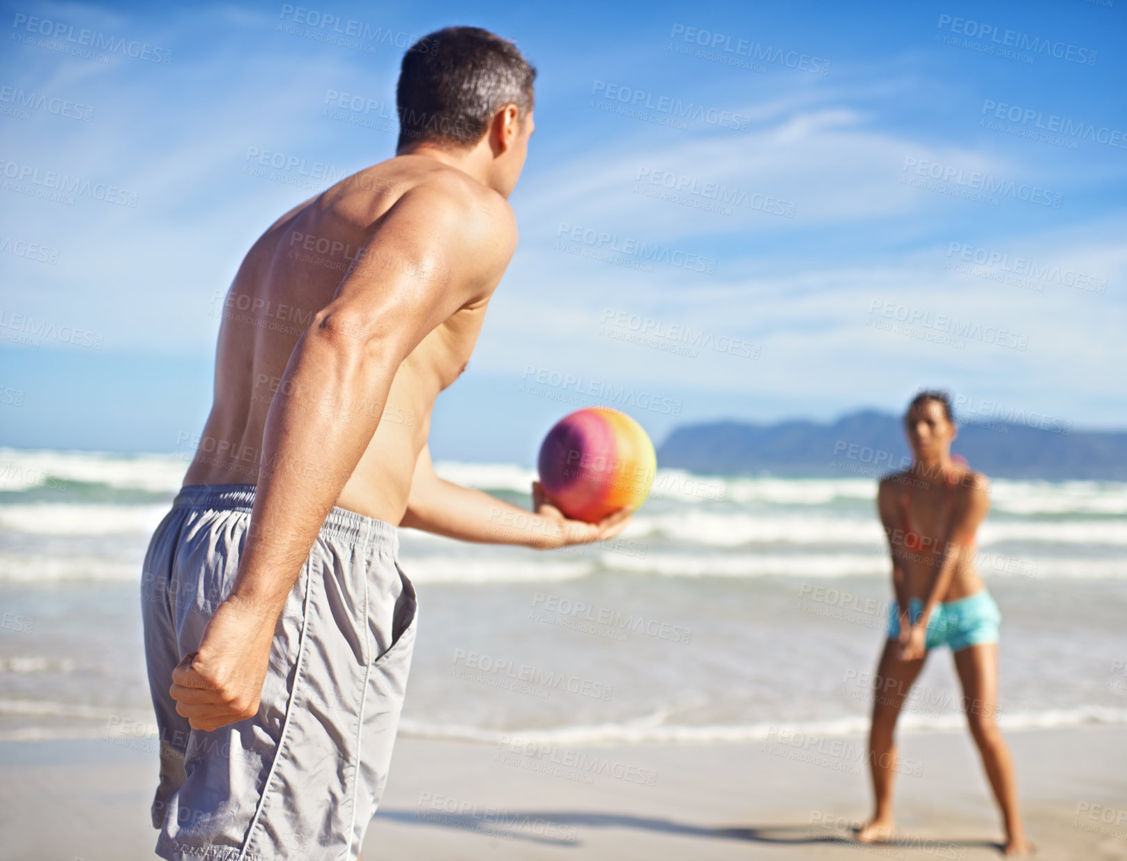 Buy stock photo Game, beach and man with woman, volleyball and fitness with wellness and activity for health. Cardio, players and friends with holiday or seaside with water or waves with exercise, summer or training