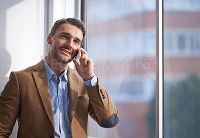 Buy stock photo Business, phone call and man at window in office networking, deal negotiation or conversation. Communication, businessman or advisor with smartphone for consulting, connection or agenda at startup