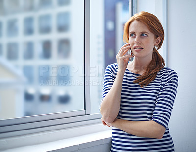 Buy stock photo Business, phone call and woman at window in office networking, mobile and conversation. Communication, listen and professional creative on smartphone for consulting, connection or agenda at startup