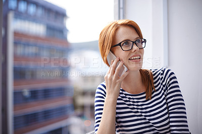 Buy stock photo Glasses, phone call and woman at window in office for networking, connection or discussion. Communication, smile and creative professional on smartphone for consulting, online chat or business advice