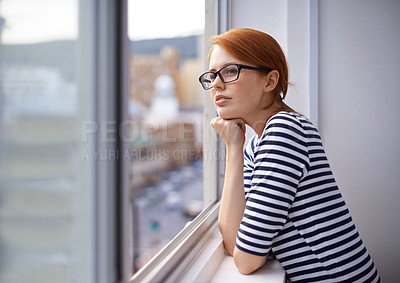 Buy stock photo Thinking, window and business woman with glasses and ideas, brainstorming project and planning. Corporate, professional and thoughtful person in office for strategy, problem solving and solution