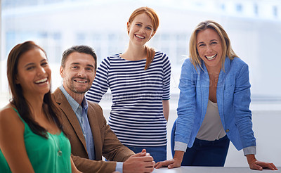Buy stock photo Portrait, office and group of happy business people with confidence, opportunity or creative collaboration. Consultant, man and women with smile, trust and pride for professional teamwork at startup
