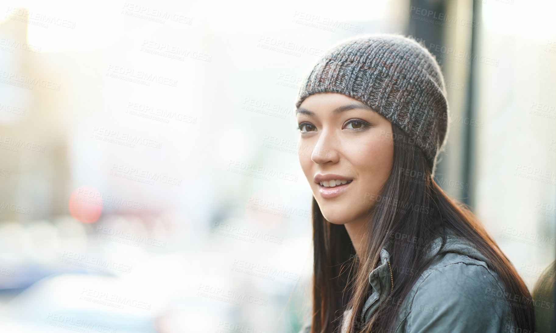 Buy stock photo Thinking, city and ideas with woman, cold and choice with peace and morning with winter weather. Person, outdoor and girl with a beanie, New York or wool cap with happiness and urban town in a street