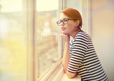 Buy stock photo Window, thinking and woman in office with glasses, career opportunity and vision in morning. Glass, creative business and girl with insight, design inspiration and calm professional with startup idea