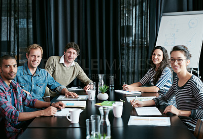 Buy stock photo Portrait, group and business people in meeting for coworking, about us or collaboration in startup office. Happy face, diverse team or creative staff with manager, writer or workers together at table