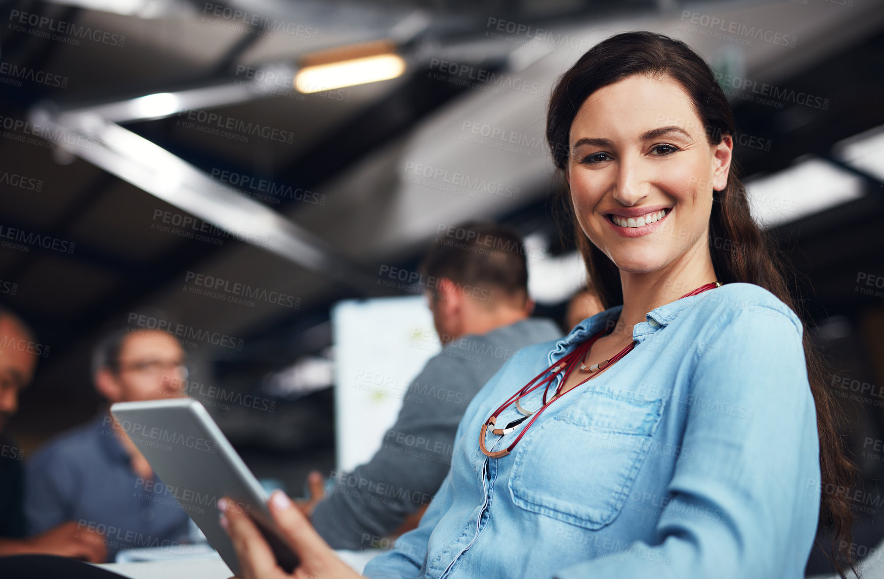 Buy stock photo Business, employees and woman with smile on tablet in office for planning, brainstorming and strategy. Boardroom, people and discussion for presentation, feedback and report  for growth on portrait