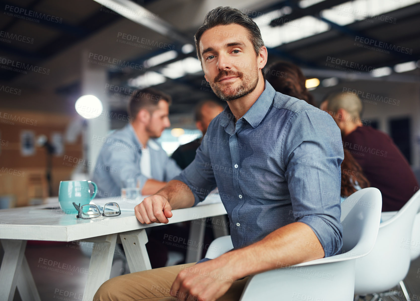 Buy stock photo Portrait, leader and business man at meeting for coworking opportunity, pride or experience. Face, professional entrepreneur or project manager working with creative team planning at startup office
