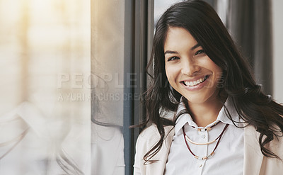 Buy stock photo Business woman, portrait smile and window for corporate management, leadership or success at office. Happy and friendly young female leader or manager smiling for career goals, ambition or startup