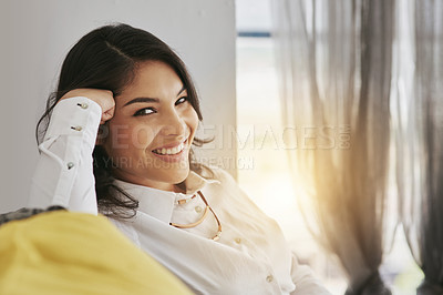 Buy stock photo Business woman, relax and smile in portrait with success, professional mindset and corporate lawyer at office. Happiness, mission and career, female on break at law firm in Mexico and confident