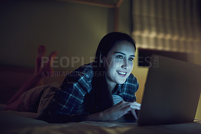 Buy stock photo Home, woman and laptop in bedroom for social media, chat and networking online with contact. Tech, connection and happy girl with computer for communication, video streaming and comfortable in bed