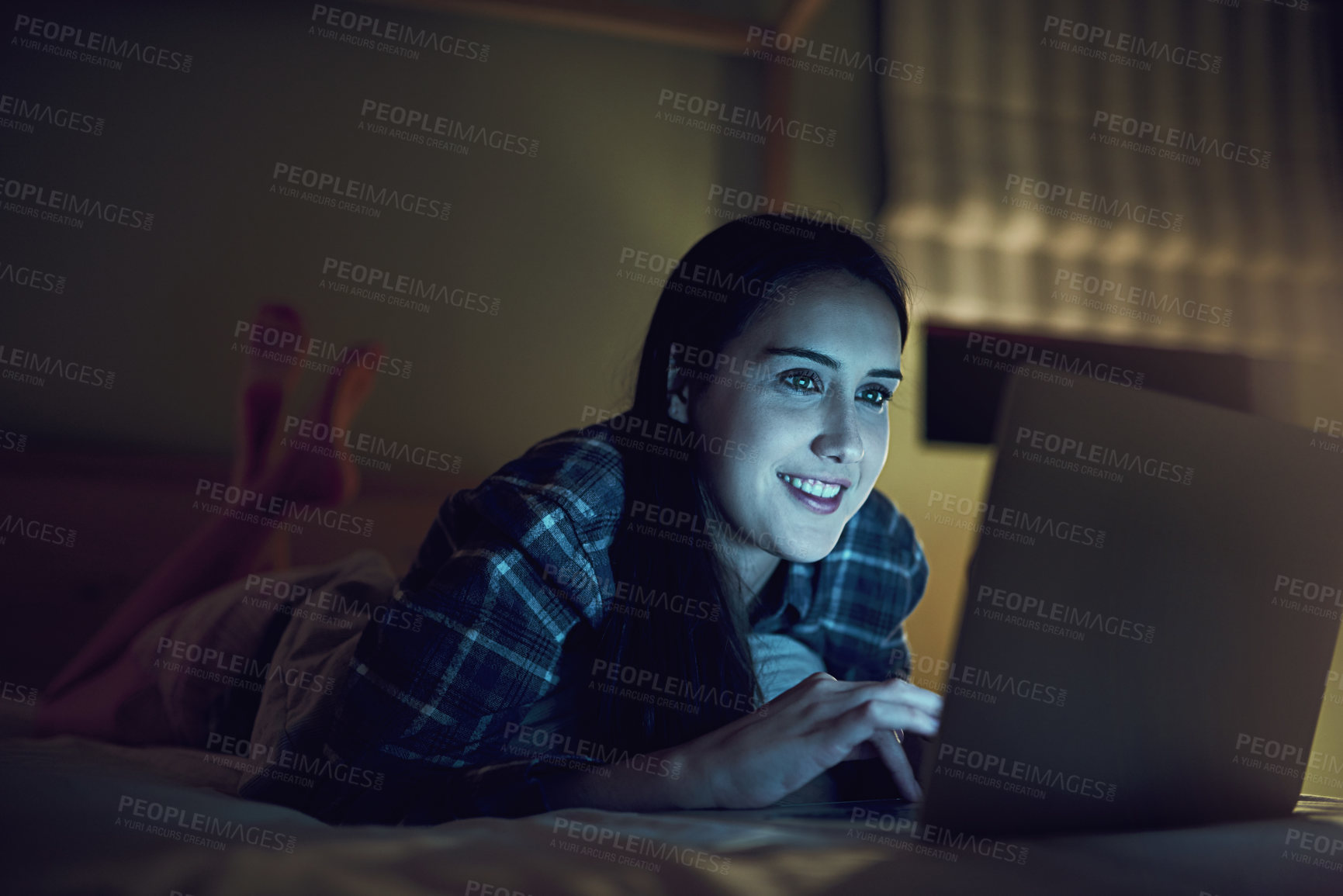 Buy stock photo Home, woman and laptop in bedroom for social media, chat and networking online with contact. Tech, connection and happy girl with computer for communication, video streaming and comfortable in bed