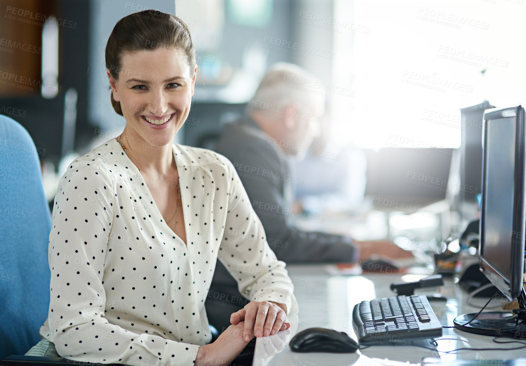 Buy stock photo Portrait, smile and computer with business woman in office for account manager, administration and online. Company report, email and review with person for planning, professional and research 