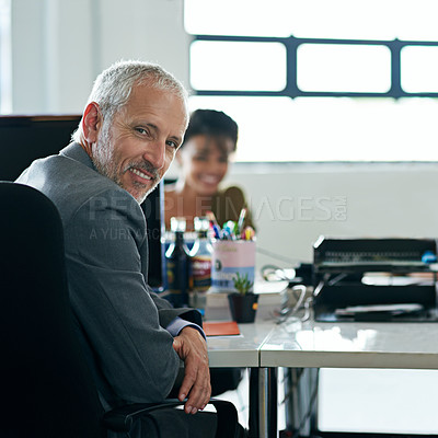 Buy stock photo Portrait of two coworkers sitting at their workstations in an office