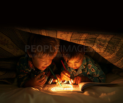 Buy stock photo Flashlight, blanket and children at night with happiness in dark with drawing in a book. Friends, relax and sketch on notebook with torch or light under duvet at sleepover with a pillow tent